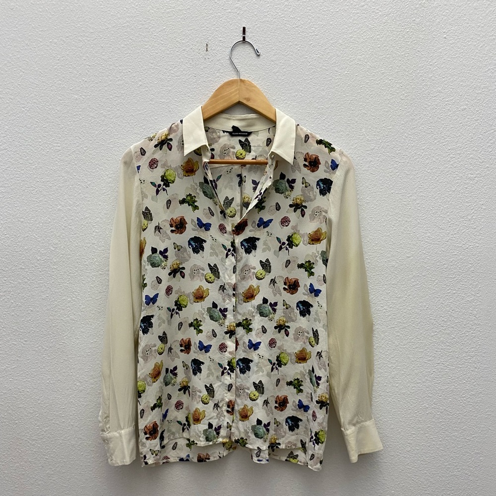CLUB MONACO floral silk ivory cream button down blouse